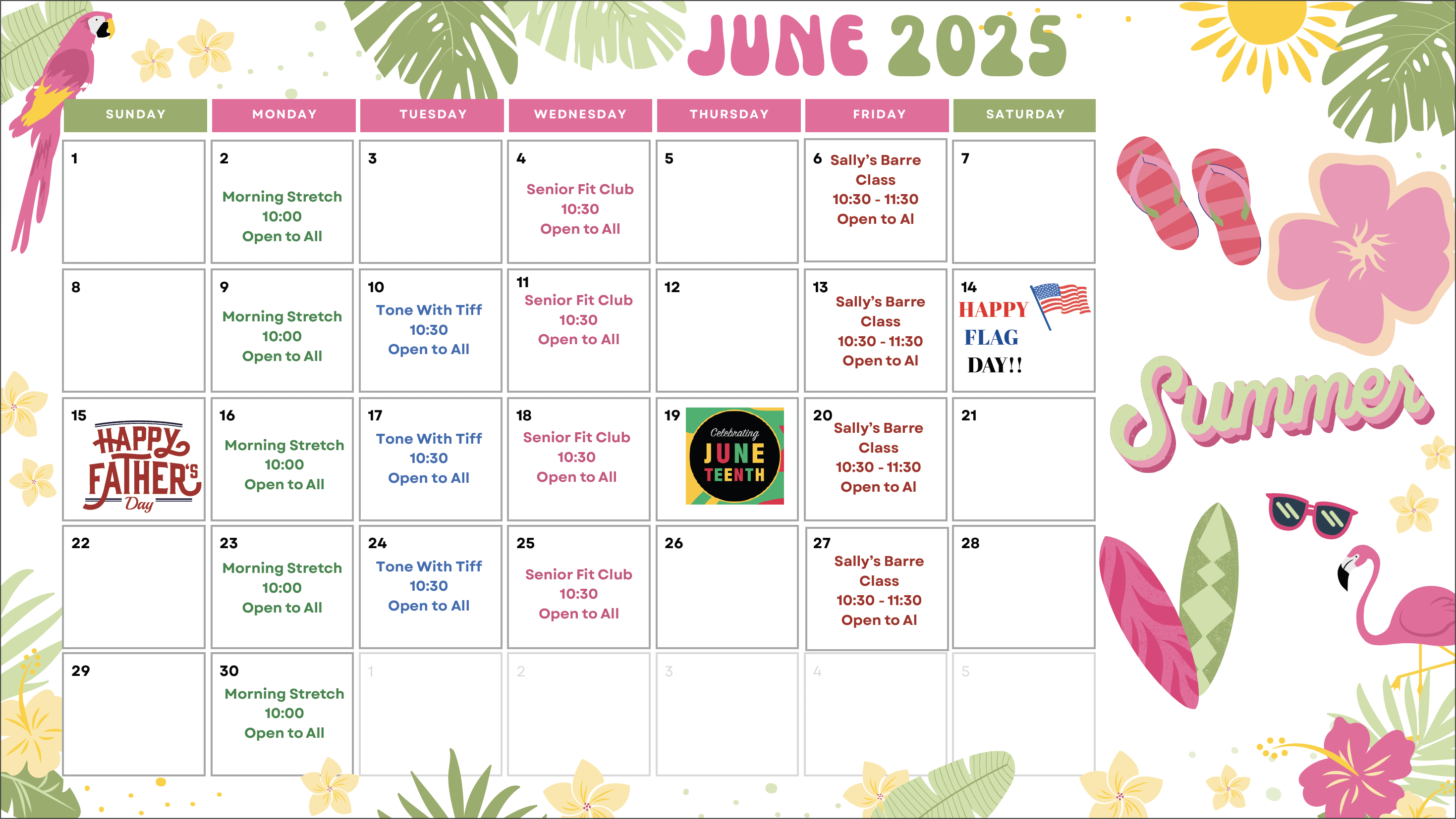 June 2025 calendar of classes and activites.