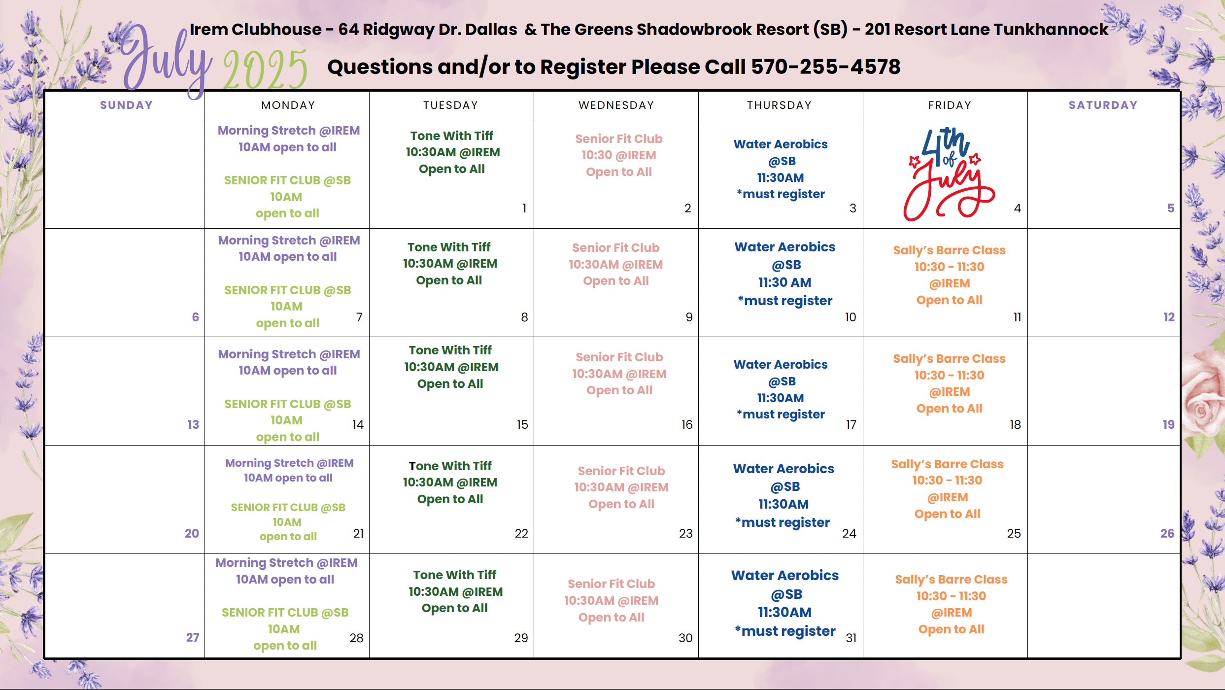 CIP July class calendar.